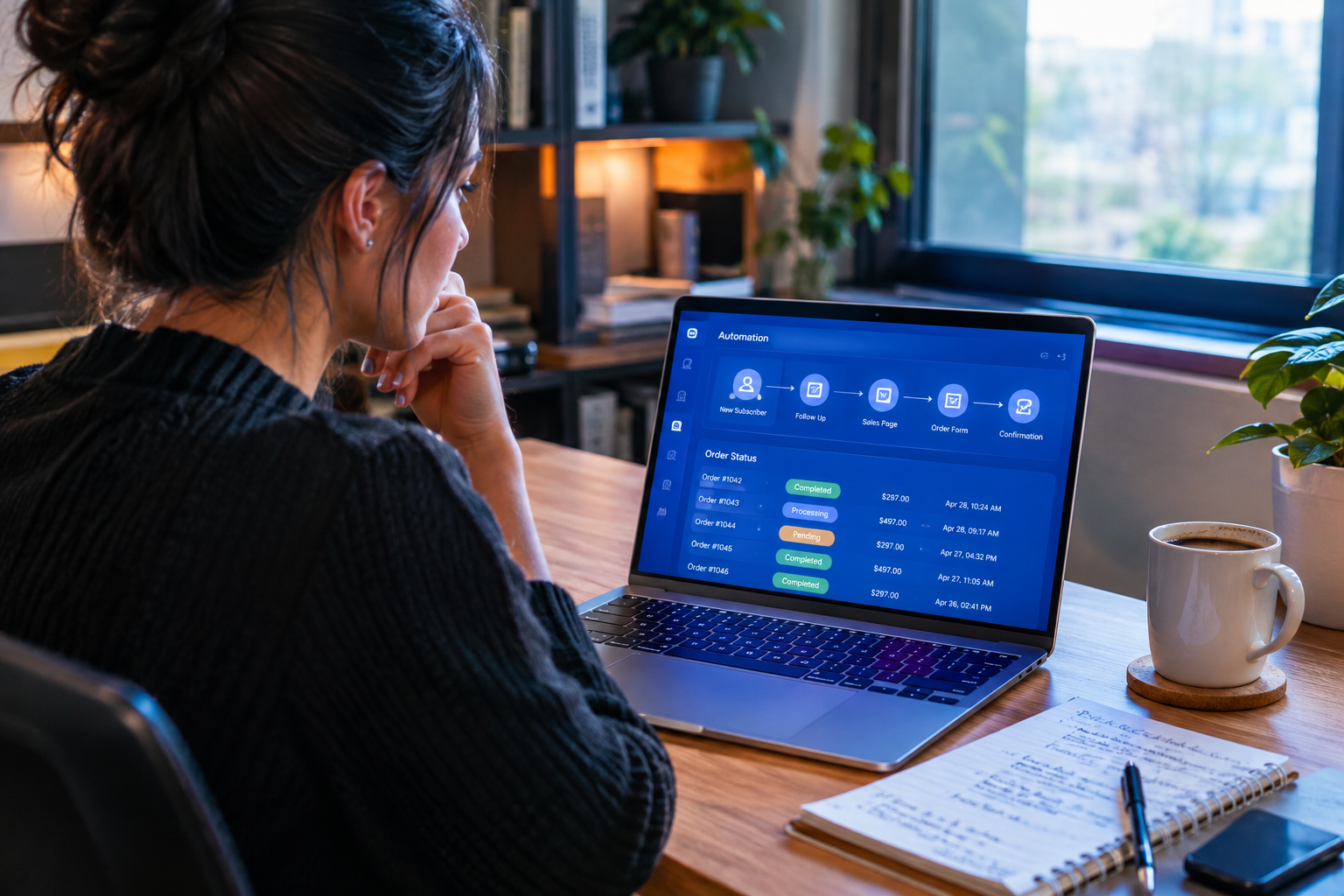Small business owner reviewing automated workflow dashboard on laptop
