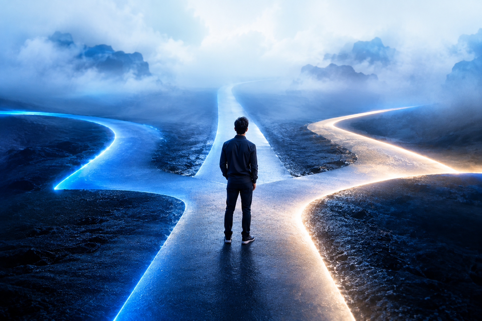 Person at a crossroads facing four AI business learning paths — summits, certifications, monetization, and communities