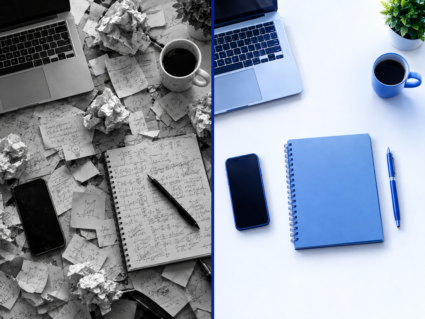 Split-screen comparison of chaotic brainstorming versus a structured AI content workflow