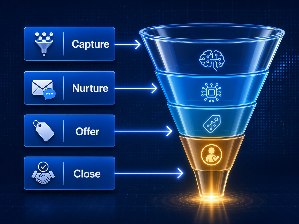 Infographic showing the four funnel stages — Capture, Nurture, Offer, Close — each with an AI icon indicating where artificial intelligence assists