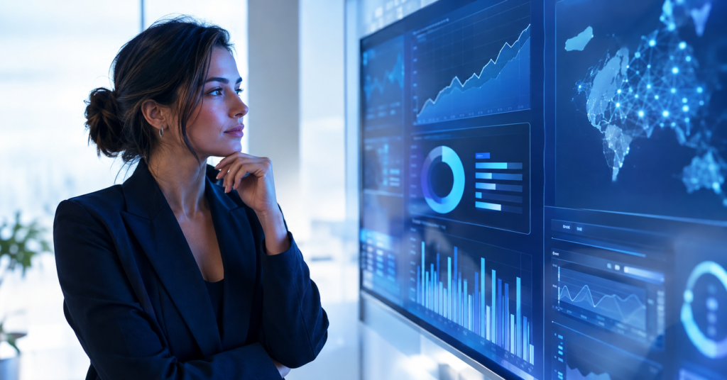 Entrepreneur reviewing AI-driven business data on a large screen, illustrating an AI online business in operation
