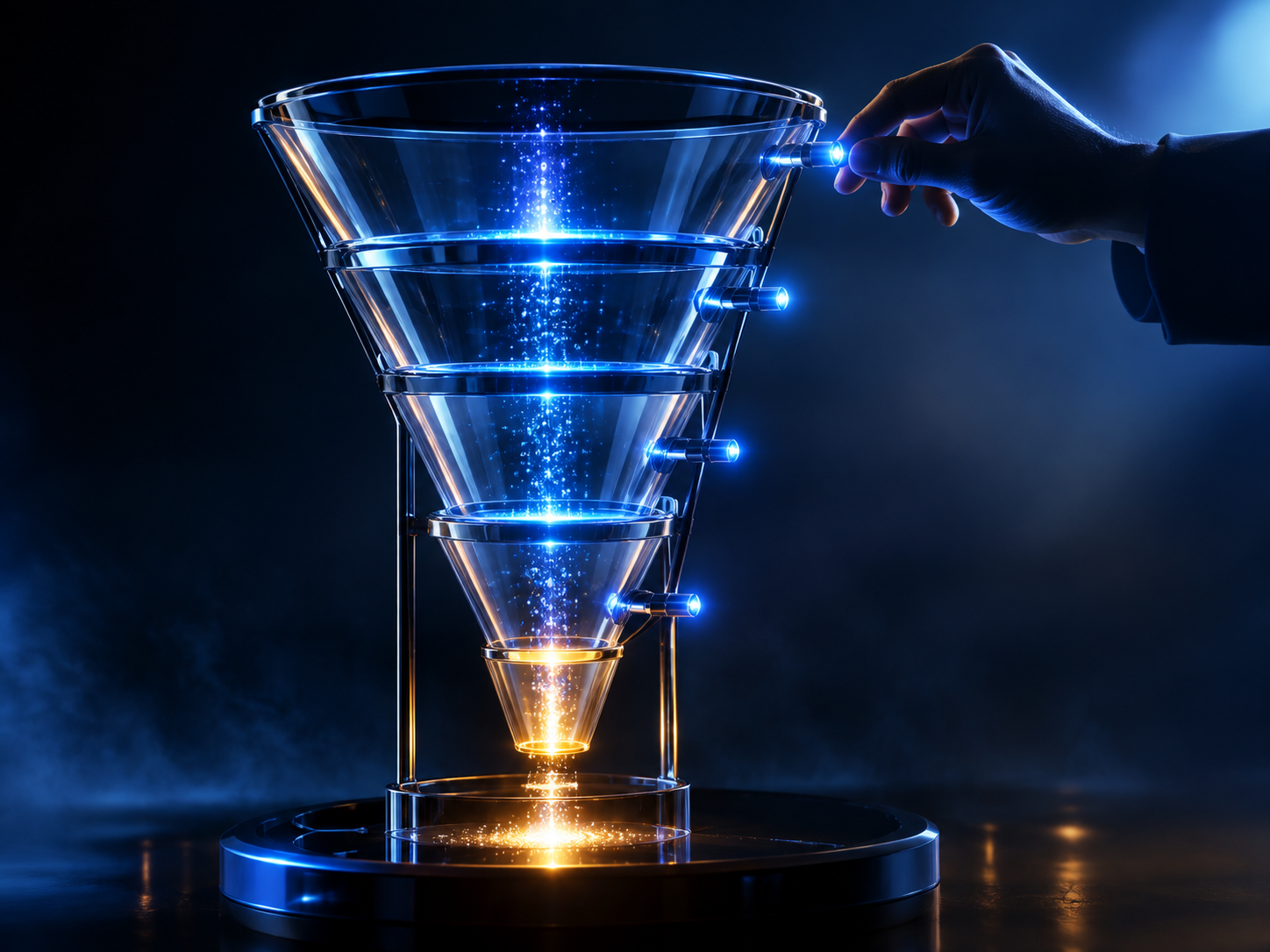 A digital hand made of light data guiding glowing lead particles through a sales funnel from capture to close