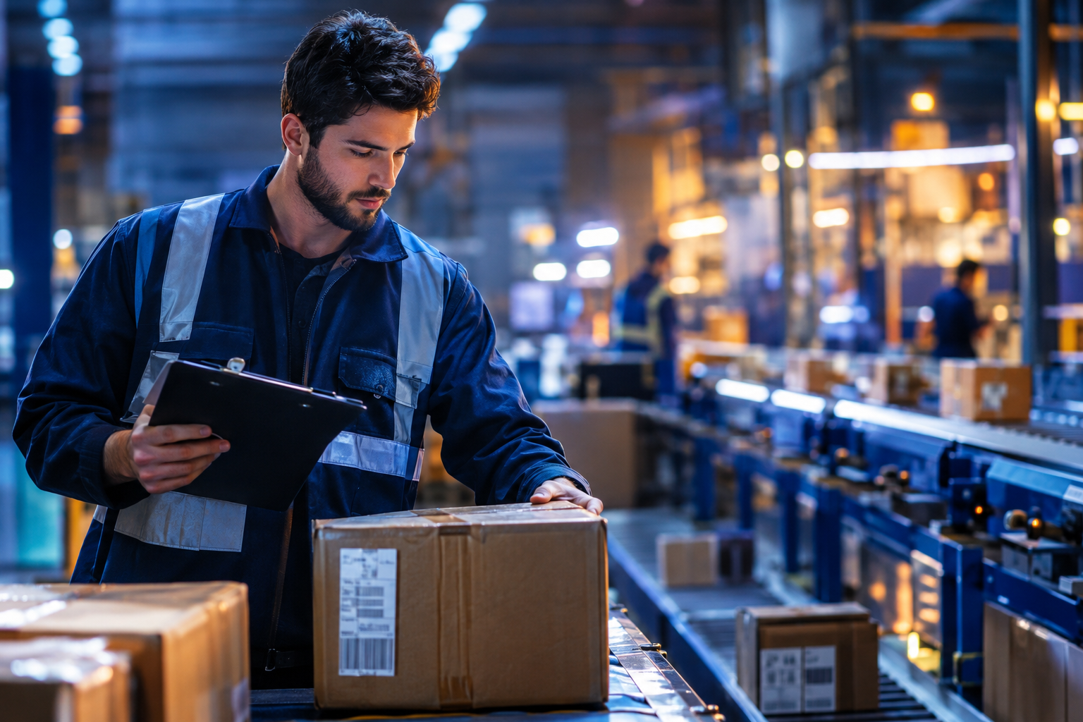 Warehouse worker inspecting shipping boxes before automated order routing