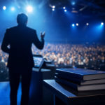 Motivational speaker silhouette on stage in front of a large audience, with bestselling personal development books displayed nearby