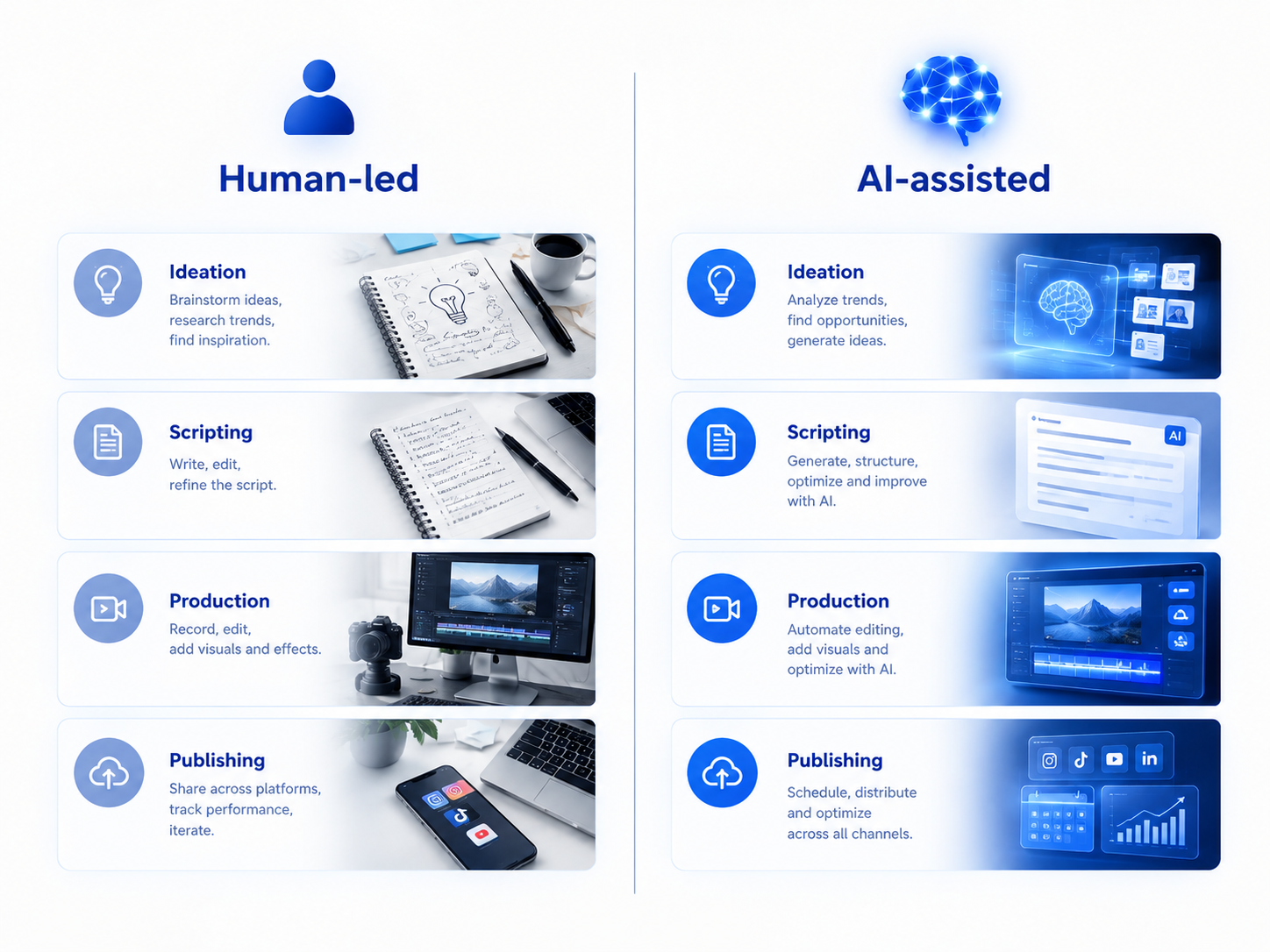 Comparison table of human-led versus AI-assisted content production stages