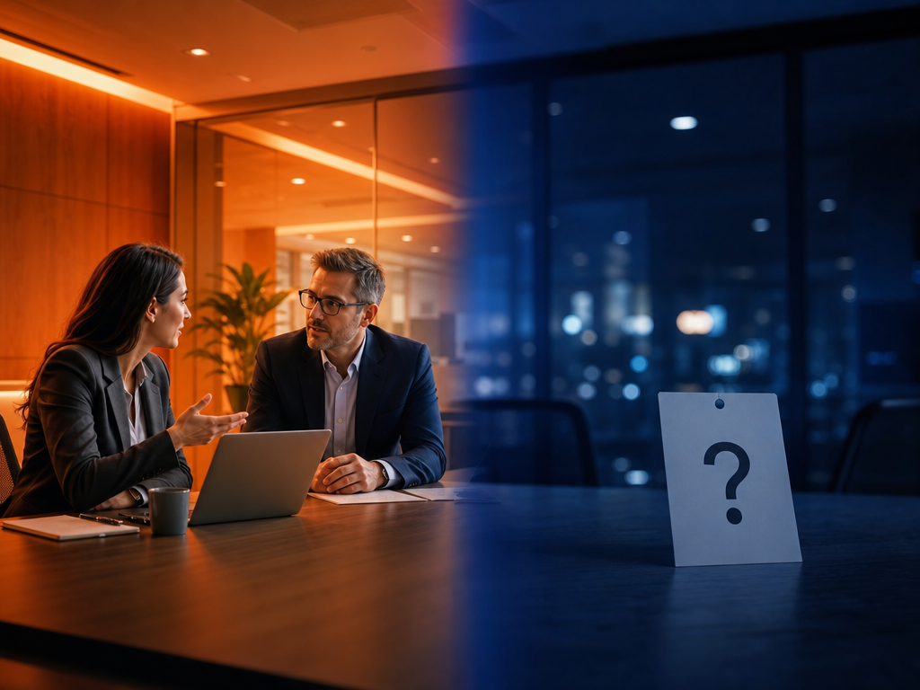 Split image showing a clear business meeting on one side and a blurred price tag with a question mark on the other